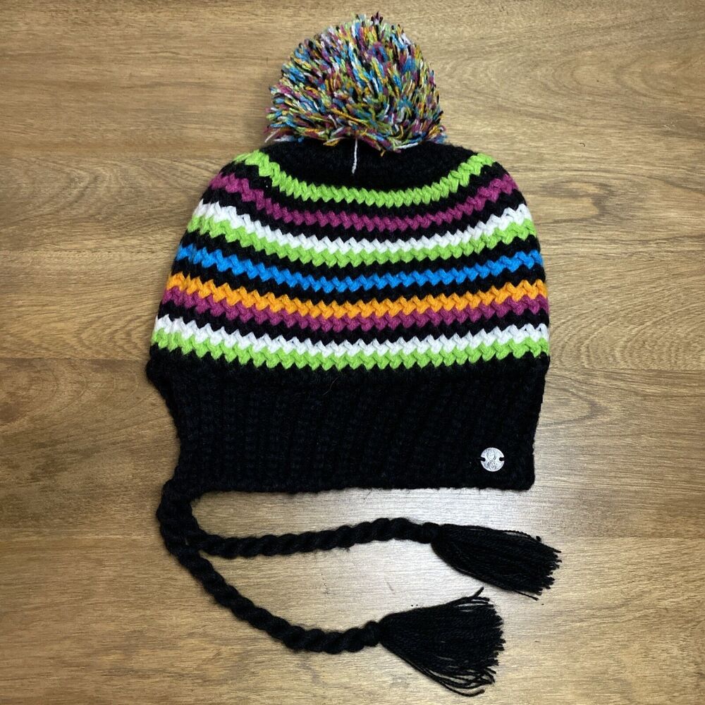 Spyder Knit Beanie Hat Colorful Rainbow Pom Pom Fleece Lined Retro OS Gorpcore